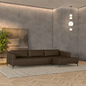 Sofá Bipartido Sala de Estar Kiara 352cm Chaise Direito Pés de Ferro Couro Marrom Manchado G52 - Gran Belo