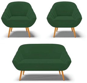Kit 01 Namoradeira 02 Lugares e 02 Poltronas Giovana Veludo Verde Pés Palito Castanho - D'Rossi