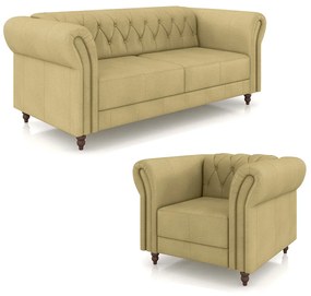 Conjunto Sala de Estar 1 Sofá Living 180cm e 1 Poltrona Stanford Chesterfield Pés Madeira Couro Bege G58 - Gran Belo