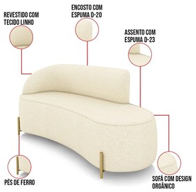 Sofá 3 Lugares Orgânico 180cm Pé Dourado Morgan Linho D03 - D'Rossi - Bege