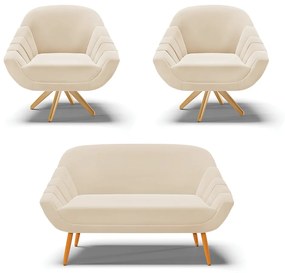 Kit 01 Namoradeira 02 Lugares e 02 Poltronas Giratória Giovana Suede Bege Base Madeira MA30 - D'Rossi