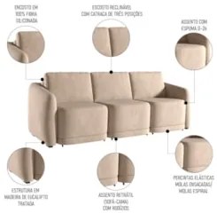 Sofá Cama Casal para Sala 306cm Polska Z08 Veludo Bege - Mpozenato