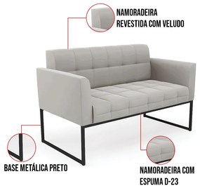 Kit 1 Sofá Namoradeira e 1 Poltrona Elisa Veludo Base Metálica Industrial Preto D03 - D'Rossi - Cinza