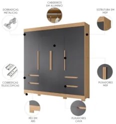 Guarda Roupa Casal 212cm 4 Portas Vivacce Freijó/Titanium   - Albatroz