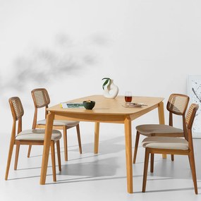 Conjunto Mesa de Jantar Lalá Retangular Carvalho Americano - 1,80mx1,00m + 4 Cadeiras Lótus Encosto Palha Larga - Trenddie Cru