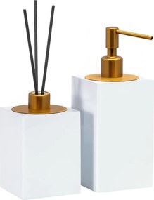 Conjunto Banheiro Duo Quadrado Resina - Branco - Ouro Escovado  Branco - Ouro Escovado