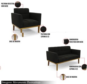 Conjunto 2 Poltronas e 1 Namoradeira Decorativa Karen Pés Fixo em Madeira Castanho Suede Preto G19 - Gran Belo