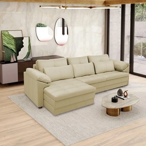 Sofá Retrátil Elétrico Sala de Estar Nolan Bipartido 332cm Conforto Premium em Couro Bege G58 - Gran Belo