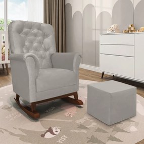 Poltrona de Amamentação Balanço Madeira e Puff Angelin Suede P02 - D'Rossi - Cinza claro