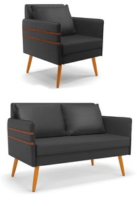 Kit 01 Namoradeira 02 Lugares e 01 Poltrona Mari Corino Preto Pés Palito Castanho - D'Rossi