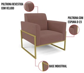 Kit 2 Poltronas Base Industrial Alta Dourado Marisa Veludo D03 - D'Rossi - Rose