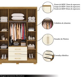 Guarda Roupa Solteiro Linna 150cm 4 Portas de Bater 3 Gavetas Nature/OffWhite G98 - Gran Belo