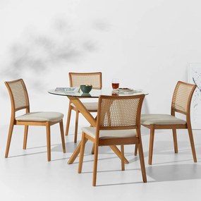 Conjunto Mesa de Jantar Thai Redonda Vidro Incolor - 1,10m + 4 Cadeiras Amai Encosto Palha Larga - Areia
