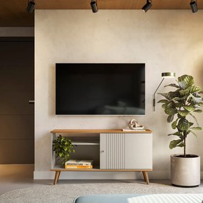 Rack Bancada Ruan MDP/MDF TV até 50 Polegadas Porta e Nichos Nature/Off White G77 - Gran Belo