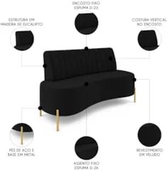 Sofá 2 Lugares 135cm Pés Aço Dourado Tamar Veludo Preto Z08 - Mpozenat