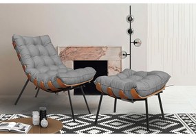 Kit 2 Puffs Decorativos Sala de Estar Abel Base de Madeira Preto Linho Cinza G41 - Gran Belo