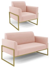 Sofá Namoradeira com Poltrona Base Industrial Alta Dourado Marisa Veludo Rosê