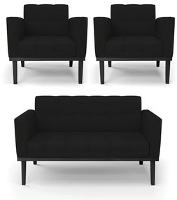 Conjunto 2 Poltronas e 1 Namoradeira Decorativa Karen Pés Fixo em Madeira Preto Linho Preto G19 - Gran Belo