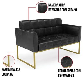 Kit 1 Sofá Namoradeira e 1 Poltrona Elisa Corano Preto Base Metálica Industrial Dourado D03 - D'Rossi