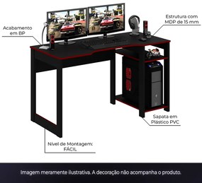 Conjunto Mesa e Armário para Escritório Home Office Gamer Cool MDP Preto/Vermelho G69 - Gran Belo