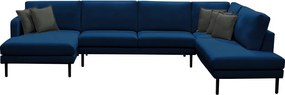 Sofá Decorativo Sala de Estar Osaka 310cm Modulado em U com Almofadas Pés em Madeira Linho Azul Marinho G89 - Gran Belo