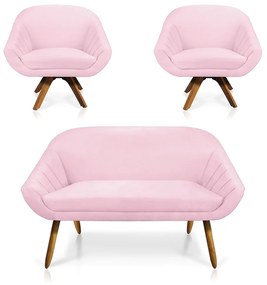 Kit 01 Namoradeira 02 Lugares e 02 Poltronas Giratória Giovana Suede Rosa Bebê Base Madeira MM30 - D'Rossi