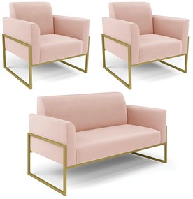 Sofá Namoradeira com 2 Poltronas Base Industrial Alta Dourado Marisa Veludo - Rose