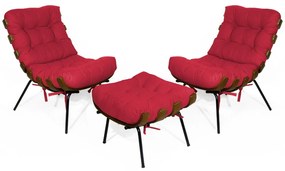 Kit 2 Poltronas Decorativa Costela Com Puff Costela Suede Vermelho