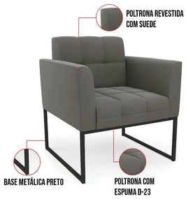 Kit 1 Sofá Namoradeira e 1 Poltrona Elisa Suede Grafite Base Metálica Industrial Preto D03 - D'Rossi