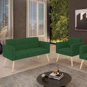 Kit 1 Sofá Namoradeira e 1 Poltrona Elisa Veludo Verde Pés Palito Natural - D'Rossi