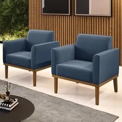 Poltrona Base Madeira Castanho Kit 2 Maressa Suede Azul Marinho - Ibiz