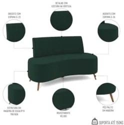 Sofá 2 Lugares para Sala Living 135cm Pés Palito Tamar Z08 Veludo Verd