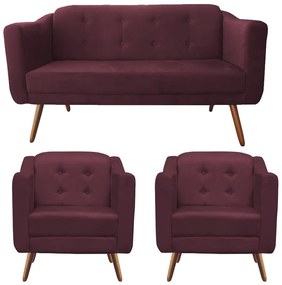 Kit Namoradeira + 2 Poltronas Bruna Pé Palito Suede Bordô
