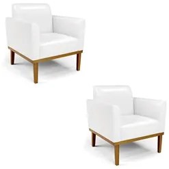 Poltrona Base Madeira Castanho Kit 2 Maressa Sintético PU Branco - Ibi