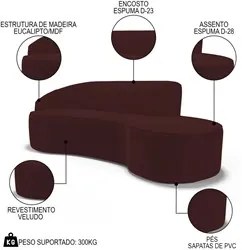 Sofá Living 3 Lugares 230cm Braço Esquerdo Mozart D06 Veludo Vermelho