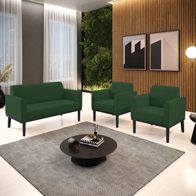Conjunto 2 Poltronas e 1 Namoradeira Decorativa Isabella Pés Fixo em Madeira Preto Veludo Verde Esmeralda G19 - Gran Belo