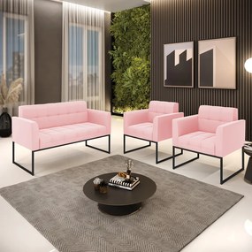 Kit 1 Sofá Namoradeira e 2 Poltronas Elisa Suede Base Metálica Industrial Preto - D'Rossi - Rosa Bebê