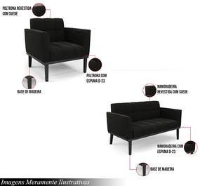 Conjunto 2 Poltronas e 1 Namoradeira Decorativa Karen Pés Fixo em Madeira Preto Suede Preto G19 - Gran Belo