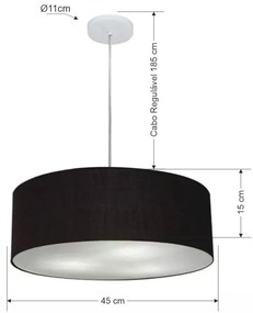 Lustre Pendente Cilíndrico Md-4254 Cúpula em Tecido 45x15cm Preto - Bivolt