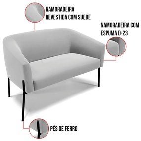 Sofá 2 Lugares Namoradeira Pé de Ferro Preto Stella Suede Cinza D03 - D'Rossi