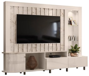 Estante de TV 70 Pol 243cm Ripado Sala de Estar Nivora M20 - D'Rossi - Calacata e Off White