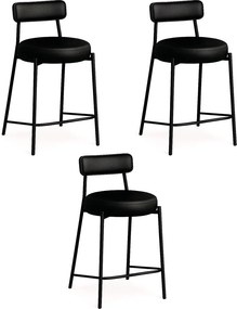 Banqueta Cozinha Alta com Encosto Industrial Preto Kit 3 Londres PU D03 - D'Rossi - Preto