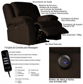Poltrona do Papai Reclinável Elétrica com Massagem e USB Magnum Veludo Marrom Chocolate G23 - Gran Belo