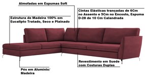 Sofá de Canto Chaise Esquerdo 267 cm Olívia Suede Bordô G52 - Gran Belo