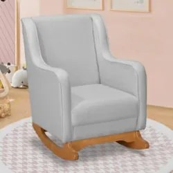 Poltrona Amamentação Base Madeira Balanço Vick Linho Cinza F03 - Mpoze