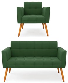 Kit 1 Sofá Namoradeira e 1 Poltrona Elisa Suede Verde Pés Palito Castanho - D'Rossi