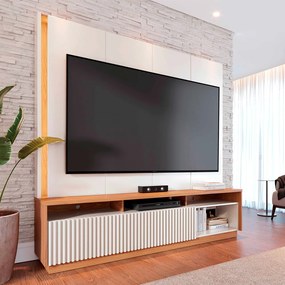 Home Estante Orlo 200cm TV até 75 Fitas LED Portas Deslizantes MDP/MDF Off  White/Freijó G73 - Gran Belo