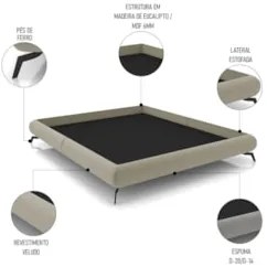 Cama Casal Base Box 138x188cm Pés de Ferro Cold Z37 Veludo Bege - Mpoz