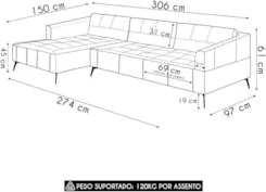Sofá 4 Lugares 306cm Com Chaise Esquerdo Eko Couro Bege Z55 - Mpozenat
