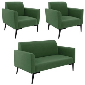 Sofá Namoradeira com 2 Poltronas Pés Villach Marisa Suede D03 - D'Rossi - Verde